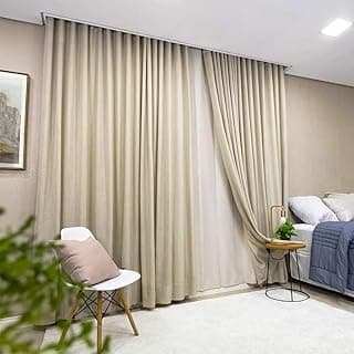 Cortina de gaze de linho bege para trilho duplo, padrão onda, com rodízios e cordão.