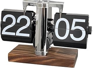 Relógio de mesa flip Baoblaze estilo retro em aço inoxidável com base de madeira