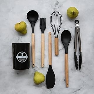 Jogo de Utensílios de Cozinha 7 Peças Silicone Preto com Cabo de Madeira + Suporte Organizador – Kit Completo com Pegador, Espátula, Colher, Concha, Fouet e Pincel – Não Risca Antiaderente