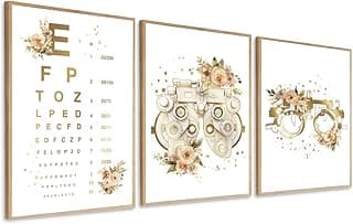 Quadros decorativos de oftalmologia com visores e tabela de visão, molduras douradas