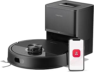 Robô aspirador de pó e esfregão Roborock Q7 M5+ com base de esvaziamento automático, em preto, contra fundo branco