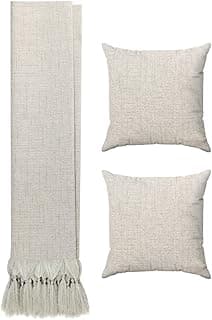 Kit Manta Para Sofá Jacquard Linho Cru Natural + 2 Capas De Almofadas 45x45 Decoração Sala Luxo