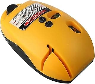 Nível laser amarelo com marca DANGER e instruções de segurança visíveis