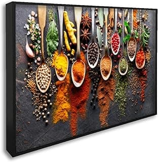 Quadro decorativo com colheres de temperos variados, fundo escuro, moldura preta