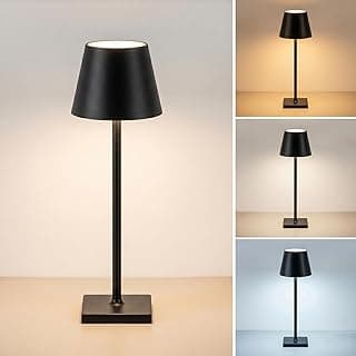 Luminária de mesa LED com acabamento em preto, três opções de temperatura de cor, design elegante, base antiderrapante.