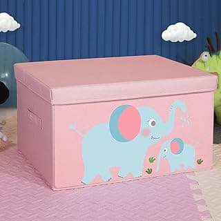 Caixa organizadora infantil rosa com elefantes, ideal para guardar brinquedos e acessórios.