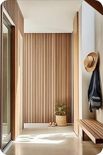 Corredor com paredes de ripas de madeira e decoração minimalista