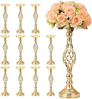 Doze suportes de arranjo de flores dourados para centros de mesa com buquê de rosas