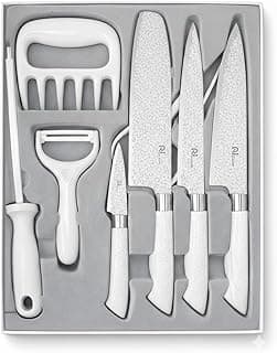 Kit Churrasco Profissional 8 Peças – Facas Padrão PREMIUM em Aço Inoxidável, Garfo de Carne, Chaira, Tesoura e Descascador – Cabos Ergonômicos Antiderrapantes (BRANCO)