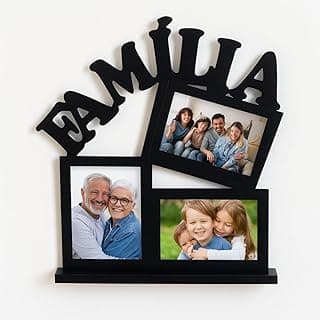 Porta Retrato Família para 3 Fotos, MDF Preto, 37x35cm com Base de Mesa, Painel Decorativo 10x15cm - Universo do MDF