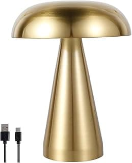 Luminária de mesa cogumelo dourado, portátil, sem fio, com cabo USB, ideal para quarto e sala.