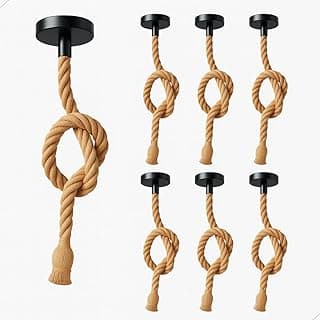 Sete pendentes de luz estilo retrô com corda de sisal, preto e marrom, fundo branco
