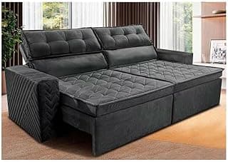 Sofá cama retrátil e reclinável de três lugares em suede cinza com colchão de quilting