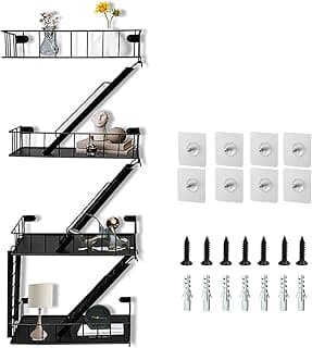 Prateleira de parede Fire Escape – Prateleira de escada decorativa de 4 níveis, bugiganga e exibição de figuras de ação com escada flutuante, design de escada de arte de parede para