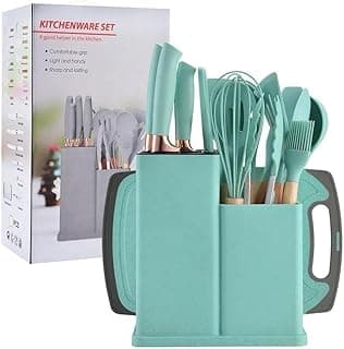 Kit Completo 19 Peças Utensílios Luxo De Silicone Jogo Cozinha Com Tábua Faca Tesoura Espátula(VERDE AGUA)