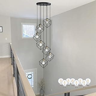 Lustre de entrada moderno com sete luzes em gaiolas de metal preto, lâmpadas LED incluídas