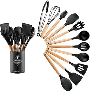 Kit de utensílios de cozinha silicone preto com cabos de madeira