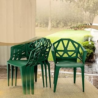 Kit com 4 poltronas lounge verdes empilhaveis para varanda, jardim, piscina e escritório.