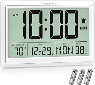 Relógio de parede digital branco com display LCD, data, temperatura e umidade, baterias incluídas