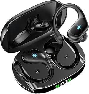 Fones de ouvido Bluetooth esportivos pretos com LED azul e display LED verde no estojo de carregamento
