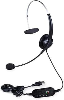 Fone de ouvido mono com fio USB, microfone ajustável e botão de mudo, preto