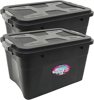 Kit 2 caixas organizadoras 56 litros pretas com tampa e trava de segurança