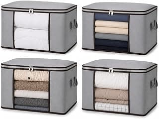Kit de 4 caixas organizadoras dobráveis para roupas e cobertores com visor frontal e alças laterais, em cinzento.