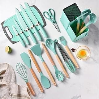 Kit de cozinha completo com 19 peças de utensílios em silicone e cabo de bambu, cor azul claro, em fundo branco.