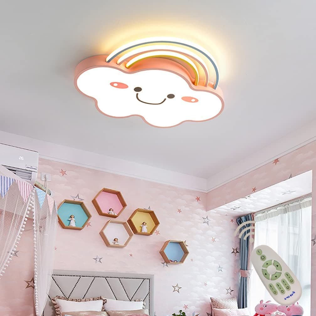 Luminária de Teto LED Decorativa com Controle Remoto Design Nuvem Acrílico Rosa para Quarto Infantil
