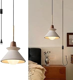 Luminária pendente de concreto cinza com detalhes de madeira em um quarto
