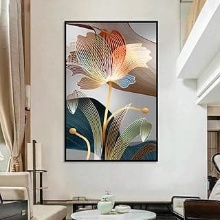 Quadro decorativo floral estilizado contemporâneo vibrante em fundo preto e branco com moldura retangular preta de 2cm de largura