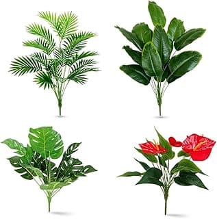 Conjunto de quatro plantas artificiais verdes com uma planta com flores vermelhas