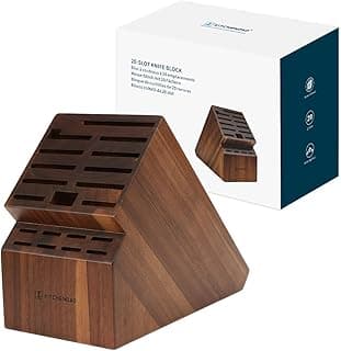 Bloco de facas de madeira com 20 compartimentos, sem facas, em fundo branco com embalagem.