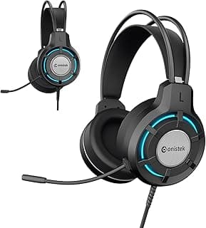 Headset gamer RGB com microfone, preto com detalhes azuis, onistek, entrada USB, conectores P2 e P3