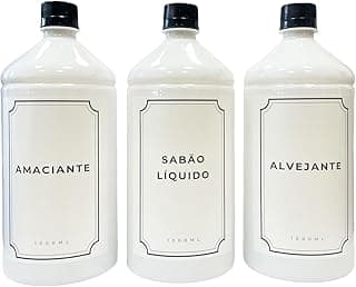 Kit lavanderia com três garrafas brancas de sabão líquido, amaciante e alvejante