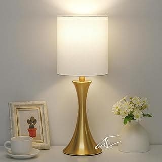 Candeeiro de cabeceira dourado com controle de toque para quarto, luminária de mesa regulável de 3 vias com sombra branca, luminária de mesa moderna para sala de estar, luminária de mesa minimalista