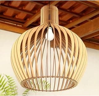 Luminária pendente de madeira MDF com design moderno, iluminação suave, cor marrom claro.