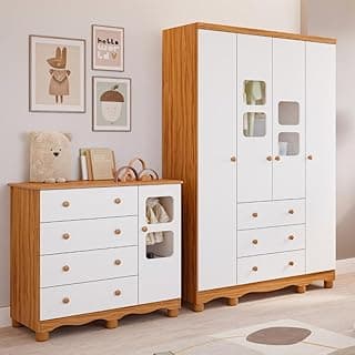 Quarto de Bebê Completo com Guarda Roupa Uli 4 Portas Cômoda Uli 4 Gavetas Móveis Peroba Amendoa/branco