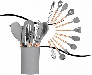 Kit 12 Utensílios De Cozinha Em Silicone E Cabo De Madeira Jogo De Utensílios Resistente ao Calor Antiaderente Premium (Cinza)