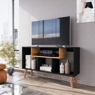 Rack bancada para TV até 43 polegadas, preto e madeira, com prateleira e nichos, para sala de estar.