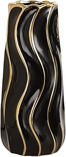 Vaso de cerâmica preto e dourado ondulado para decoração de mesa