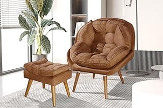 Poltrona + Puff Almofadada Estofada Com Design Moderno com Pés de Madeira Tecido no Veludo Para Quarto Sala Cantinho de Leitura