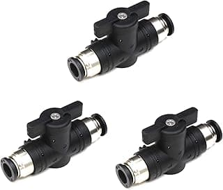 Três válvulas de conexão rápida de 6 mm, preto e prata, contra fundo branco