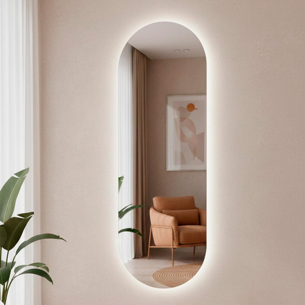 Espelho orgânico pílula com LED quente para decoração de sala, quarto ou banheiro