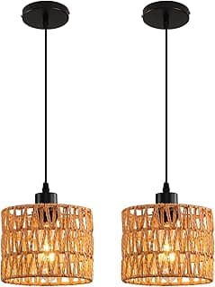 Lustre pendente de tecido, lustre boho, luzes pendentes de vime, ilha de cozinha, iluminação pendente de casa de fazenda com persiana de vime tecida à mão, lustre boho luminárias para pendurar no teto