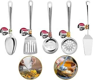 Kit 5 Utensílios Cozinha Aço Inox Pegador Escumadeira Concha Colher Espátula