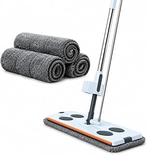 Esfregão grande mop mágico 360° com 4 panos de microfibra, limpeza piso seco e molhado, cabo ajustável, branco e cinza