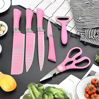 Conjunto de facas de cozinha rosa antiaderente com 6 peças, aço inoxidável, uso diário, conjunto gourmet