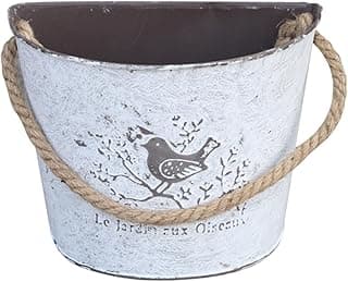 Vaso de metal rústico branco com pássaro e texto Le jardin aux Oiseaux
