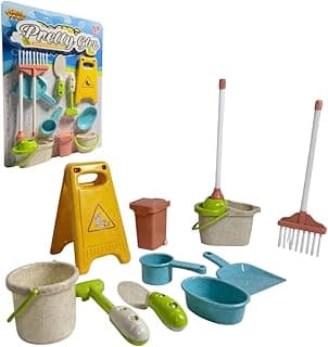 Kit brinquedo infantil de limpeza com 11 peças, balde, vassoura, rodo e acessórios, cores variadas.